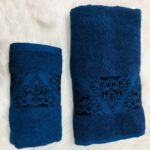ENSEMBLE  EPONGE BOUCLE BAROQUE 100*160+SERV 50*90 BLEU