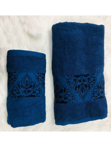 ENSEMBLE  EPONGE BOUCLE BAROQUE 100*160+SERV 50*90 BLEU