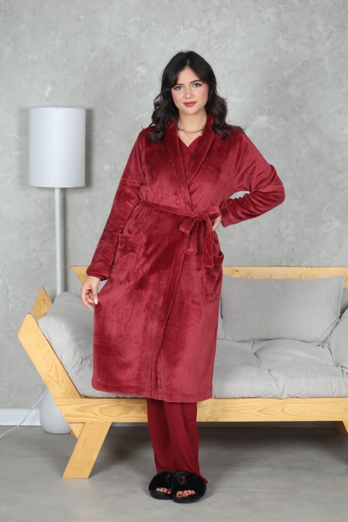 PYJAMA FEMME 3 P CHEMISE +PANTALON UNI +RB POLAIRE BORDEAU – Image 7