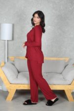 PYJAMA FEMME 3 P CHEMISE +PANTALON UNI +RB POLAIRE BORDEAU – Image 5