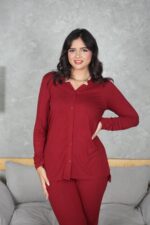 PYJAMA FEMME 3 P CHEMISE +PANTALON UNI +RB POLAIRE BORDEAU – Image 6