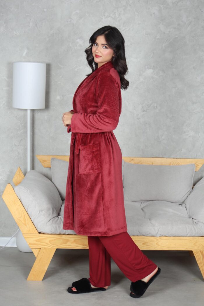 PYJAMA FEMME 3 P CHEMISE +PANTALON UNI +RB POLAIRE BORDEAU – Image 3