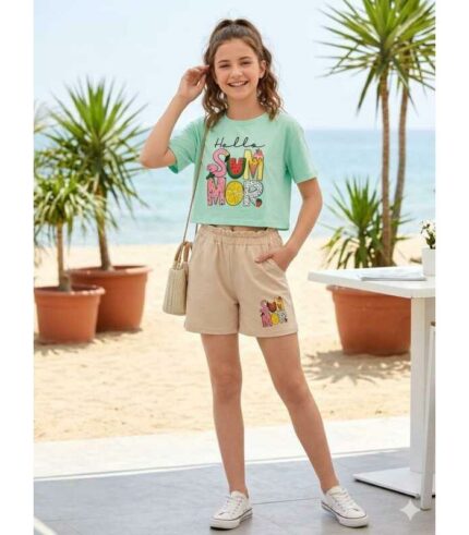 ENSEMBLE FILLE HAUT DM +SHORT PITSTACHE HELLO