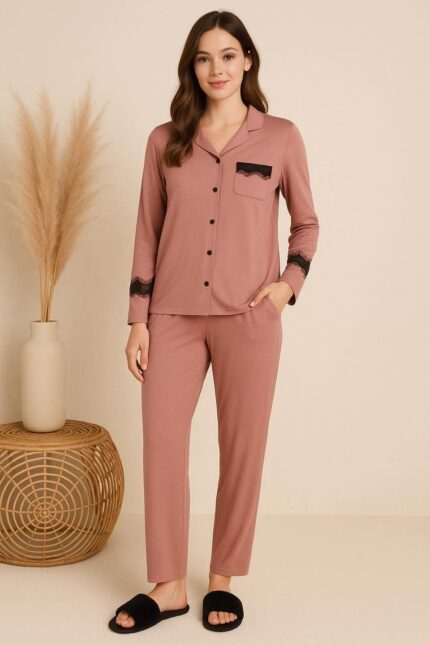Pyjama  Rose poudré avec Dentelle discrète