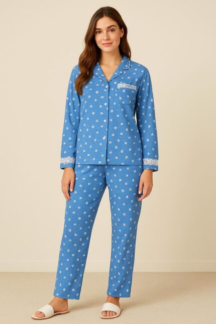 Pyjama  bleu fleuri avec Dentelle discrète