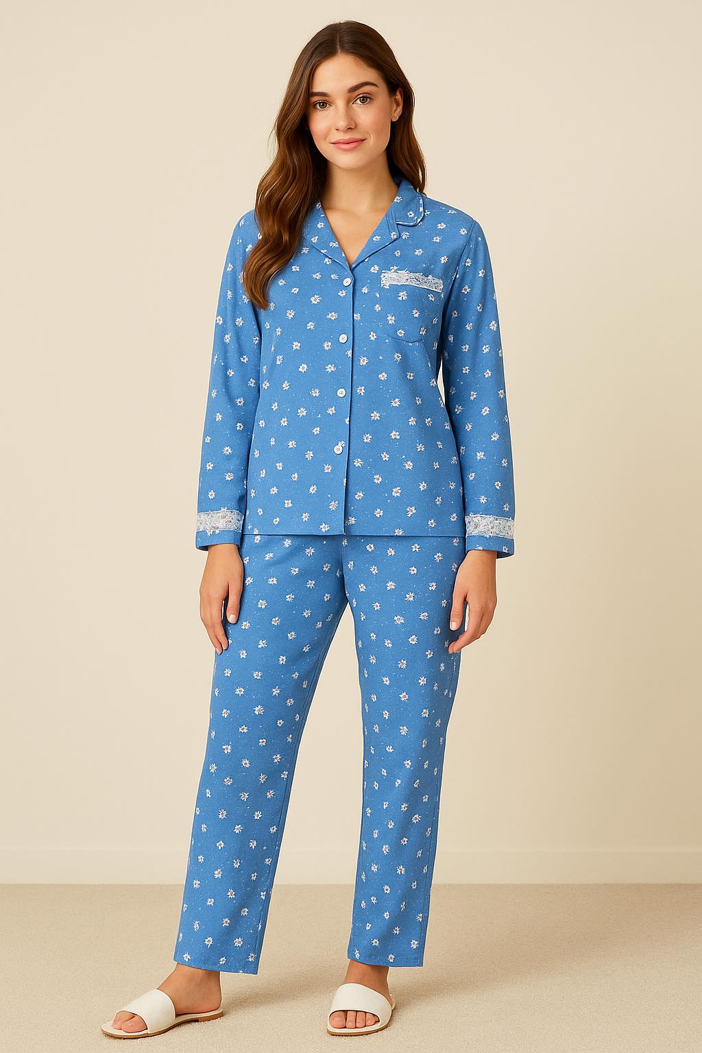 IMG-20250903-WA0006.jpg Pyjama bleu fleuri avec Dentelle discrète – Image 1
