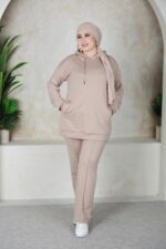 JOGGING FEMME SWEAT LONG AVEC CAPUCHE BEIGE