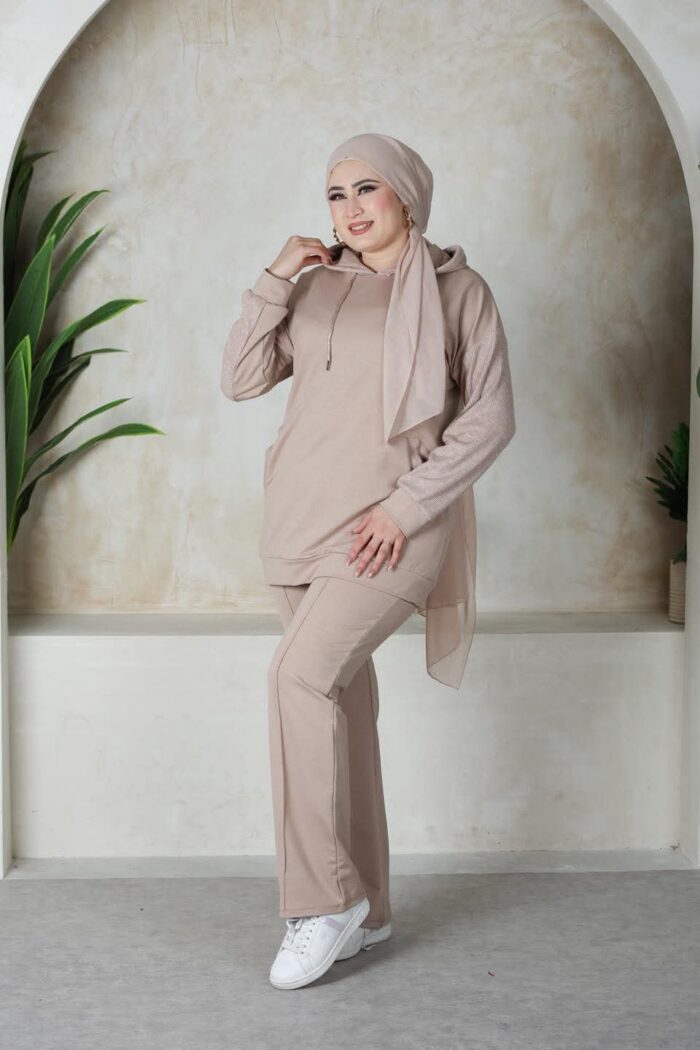 JOGGING FEMME SWEAT LONG AVEC CAPUCHE BEIGE – Image 2