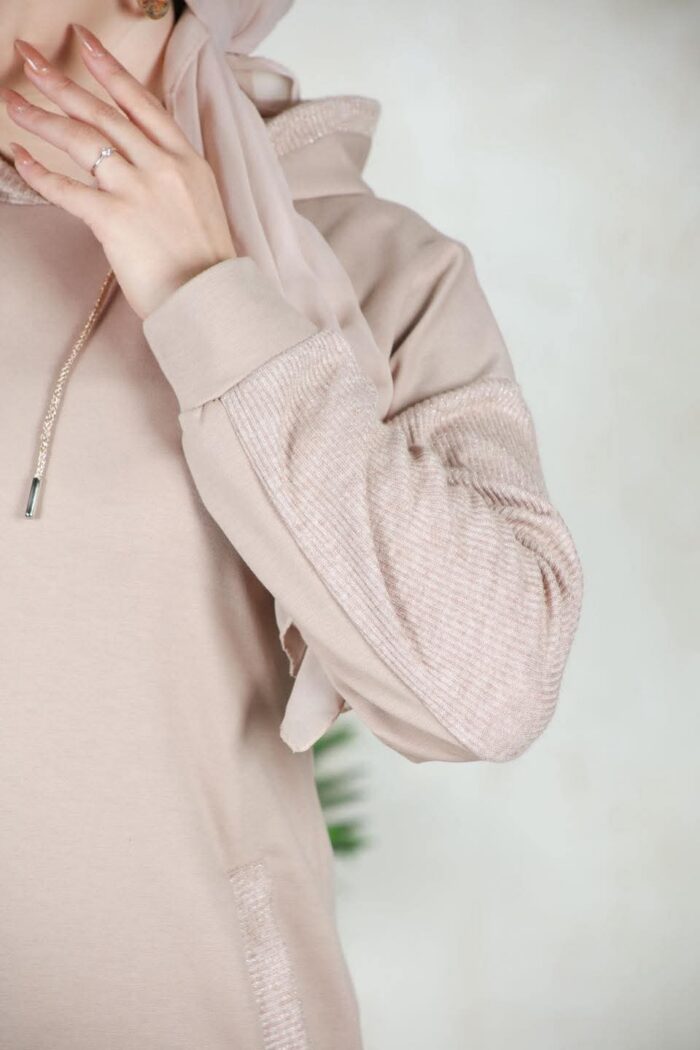 JOGGING FEMME SWEAT LONG AVEC CAPUCHE BEIGE – Image 3