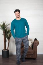 PYJAMA HOMME PULL MANCHES LONGUES VERT PANT IMPRIME – Image 2