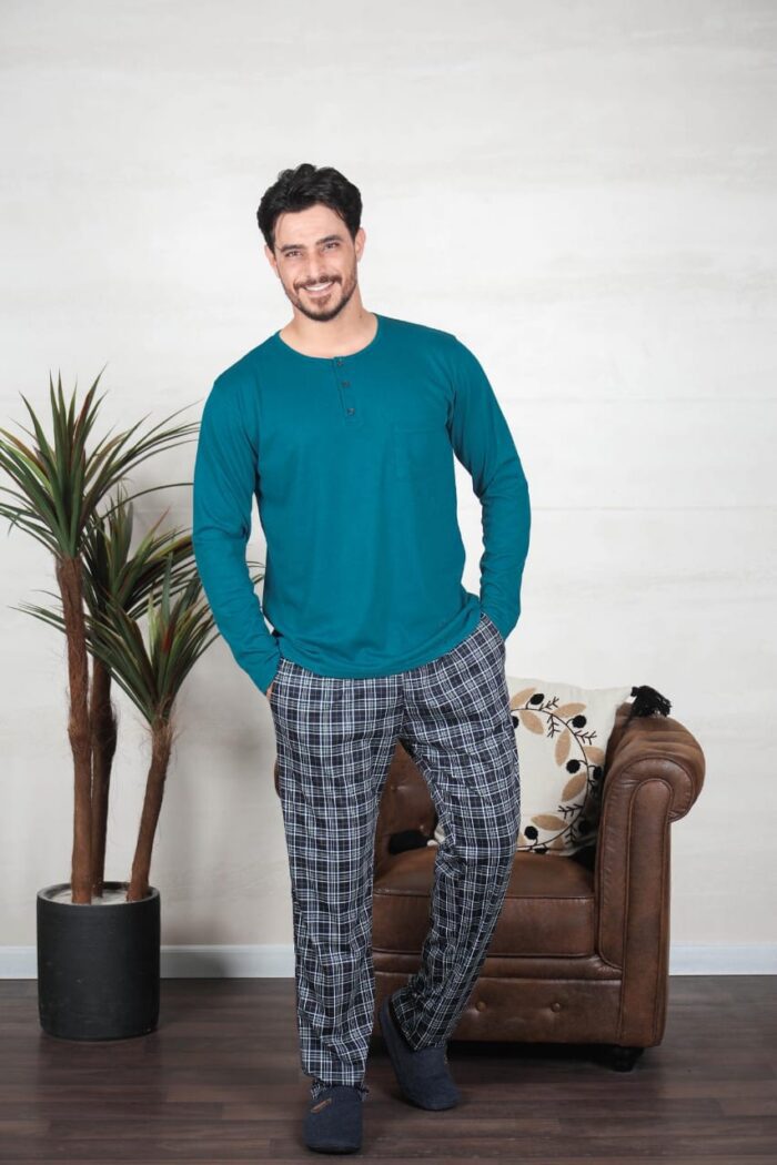 PYJAMA HOMME PULL MANCHES LONGUES VERT PANT IMPRIME – Image 2