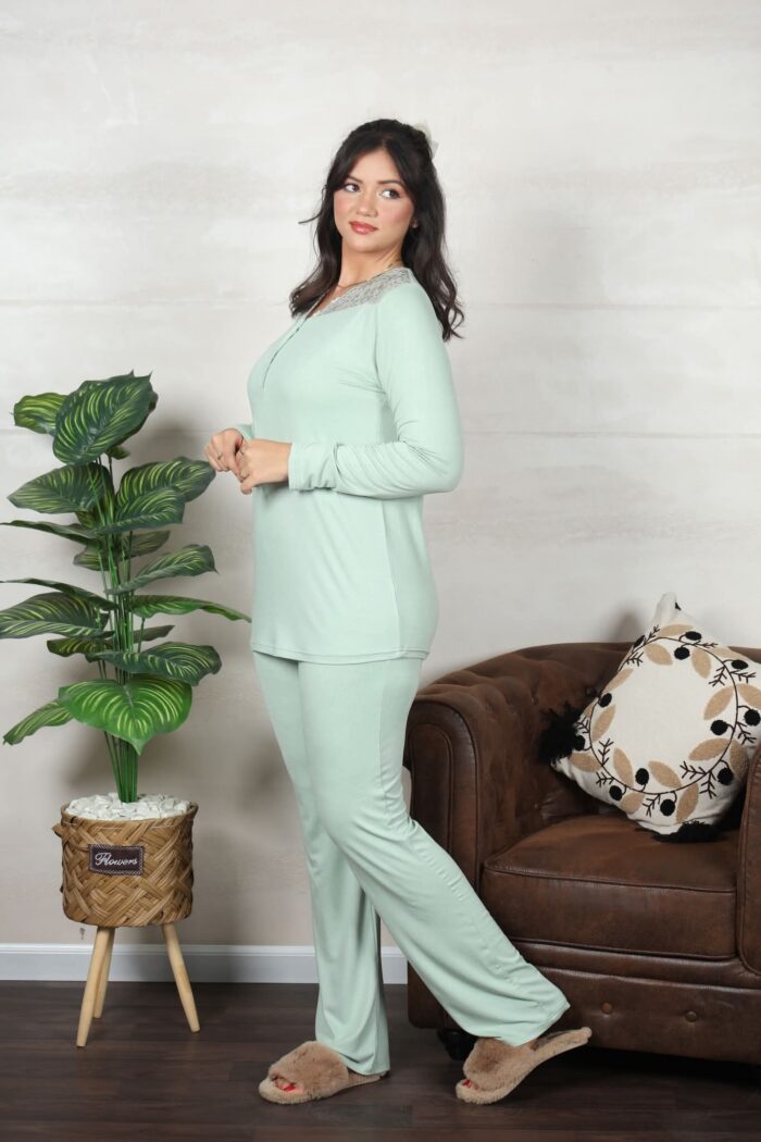 PYJAMA FEMME PULL 2 BOUTON AV DENTELLE PISTACHE – Image 2