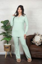 PYJAMA FEMME PULL 2 BOUTON AV DENTELLE PISTACHE – Image 3
