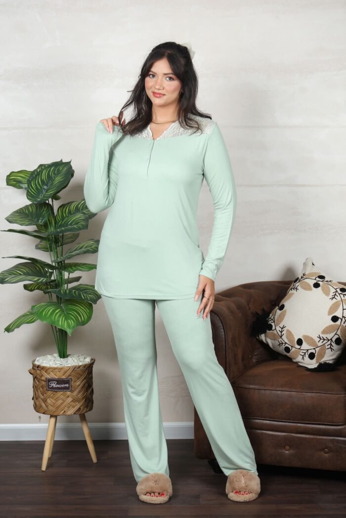 PYJAMA FEMME PULL 2 BOUTON AV DENTELLE PISTACHE – Image 3