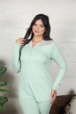 PYJAMA FEMME PULL 2 BOUTON AV DENTELLE PISTACHE – Image 4