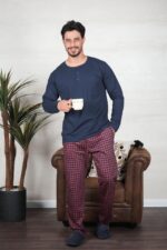 PYJAMA HOMME PULL ML MARINE PANT IMP CARREAUX  ROUGE – Image 2