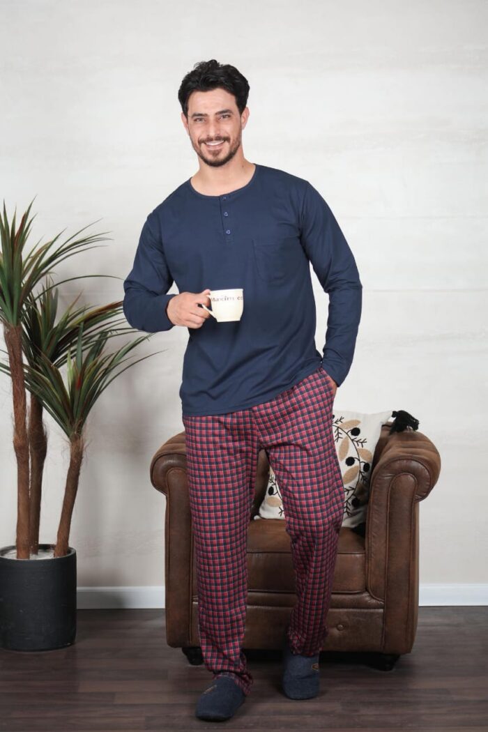 PYJAMA HOMME PULL ML MARINE PANT IMP CARREAUX  ROUGE – Image 2