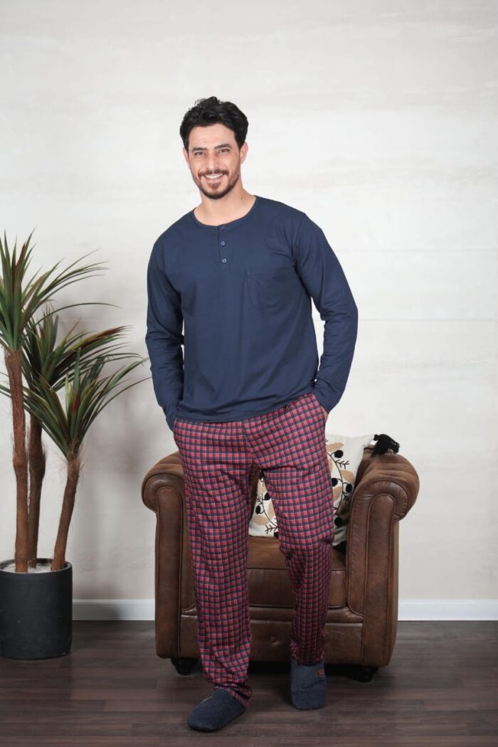 PYJAMA HOMME PULL ML MARINE PANT IMP CARREAUX  ROUGE – Image 3