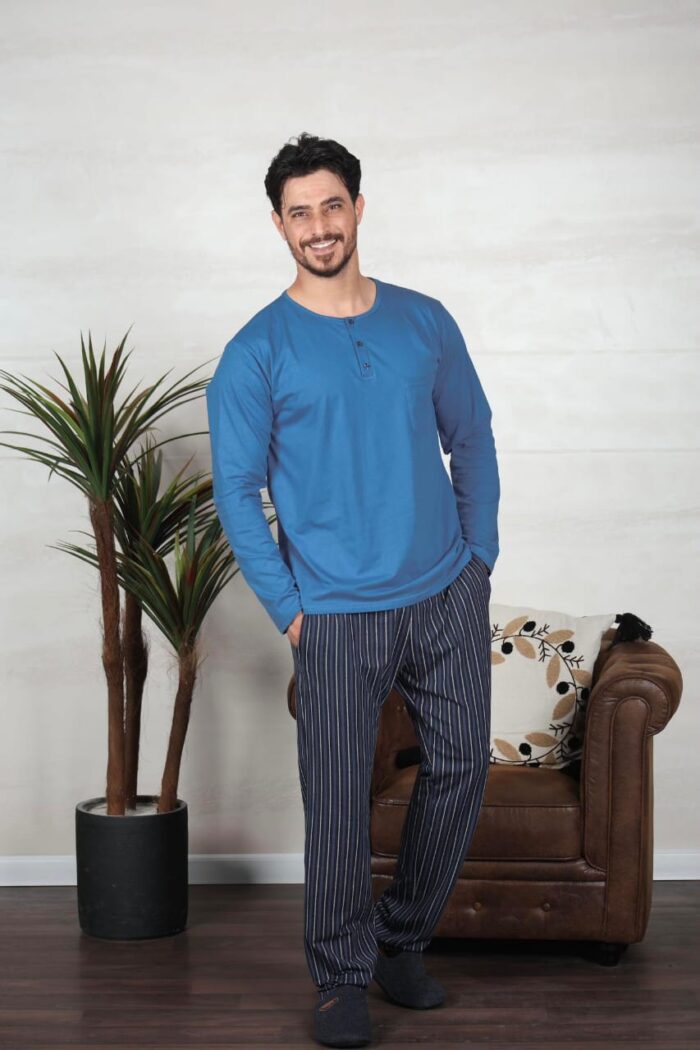 PYJAMA HOMME PULL MANCHES LONGUES BLEU PANT IMPRIME RAYE – Image 2