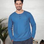 PYJAMA HOMME PULL MANCHES LONGUES BLEU PANT IMPRIME RAYE