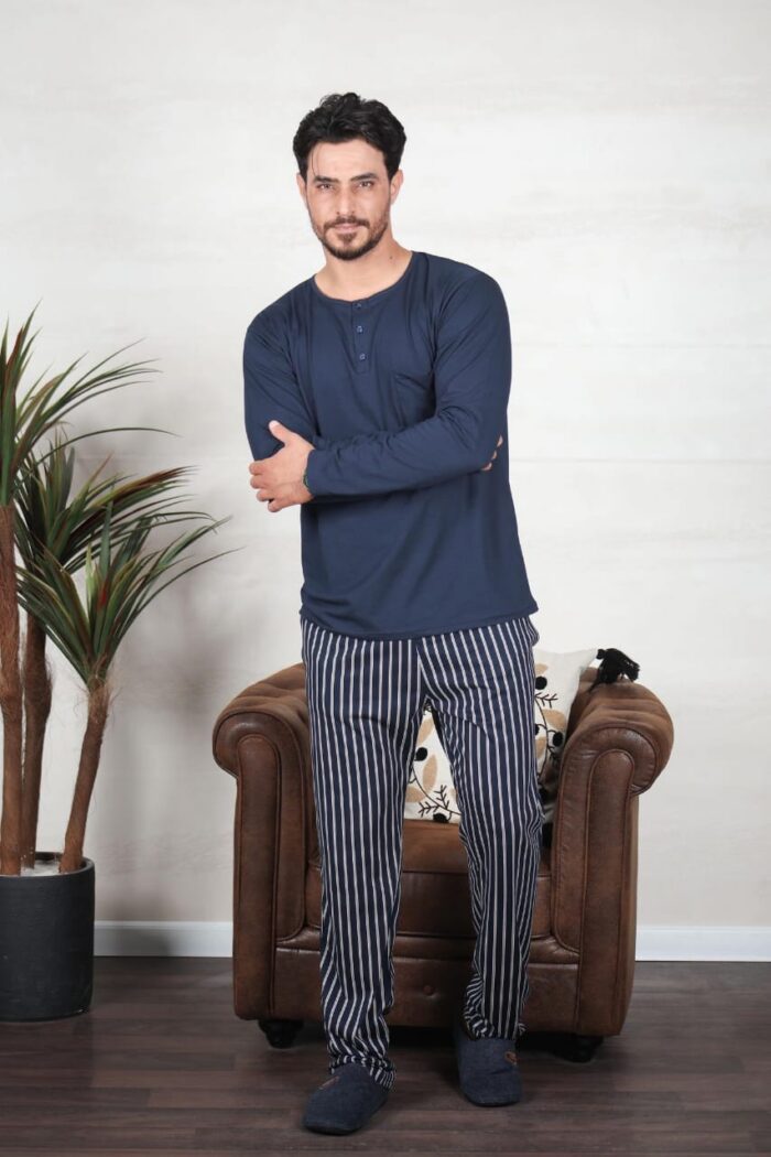 PYJAMA HOMME PULL MANCHES LONGUES MARINE PANT IMPRIME RAYE – Image 2