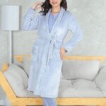 PYJAMA FEMME 3 P CHEMISE +PANTALON UNI +RB POLAIRE BLEU PERLE