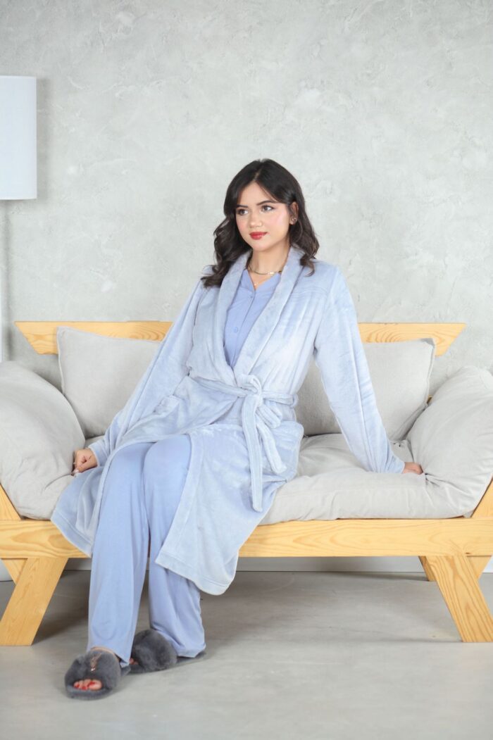 PYJAMA FEMME 3 P CHEMISE +PANTALON UNI +RB POLAIRE BLEU PERLE – Image 4