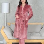 PYJAMA FEMME 3 P CHEMISE +PANTALON UNI +RB POLAIRE VIEUX ROSE