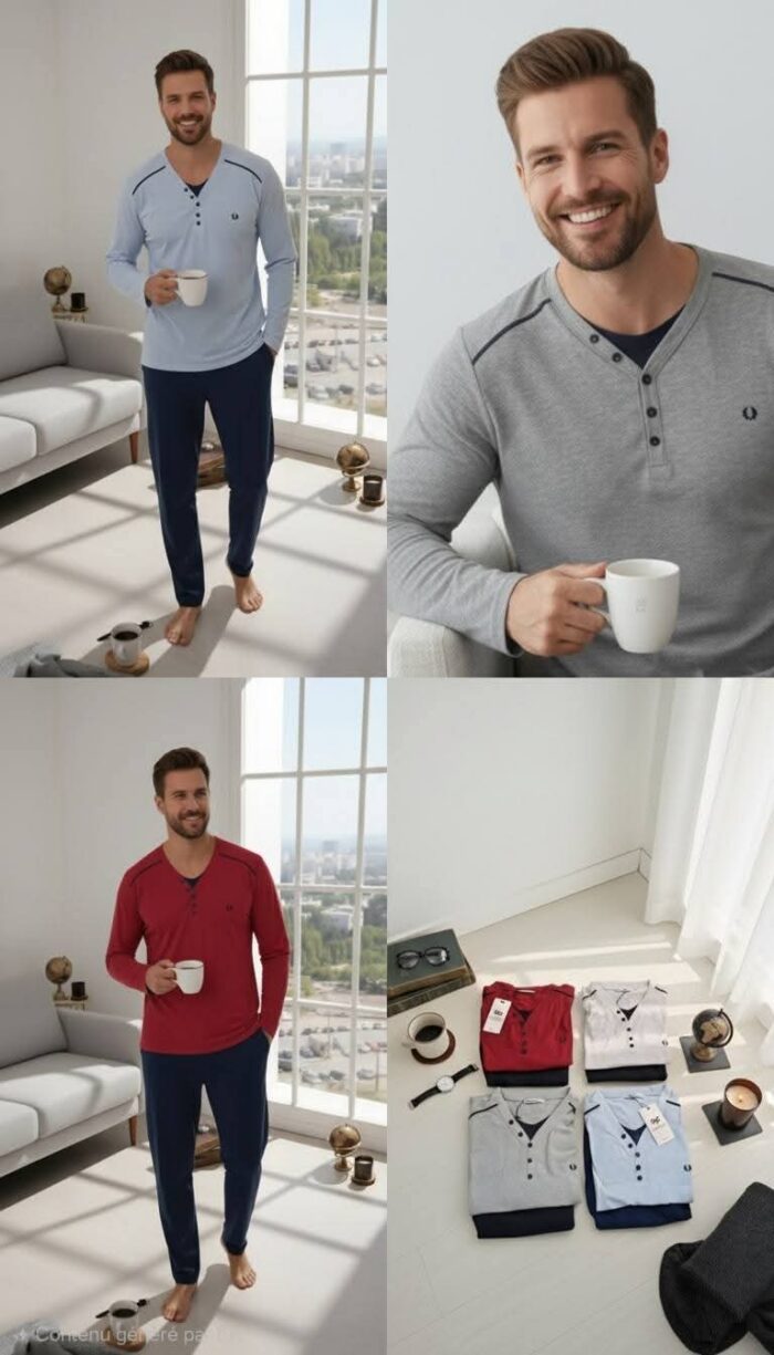 PYJAMA HOMME PULL MANCHES LONGUES GRIS CLAIR – Image 2