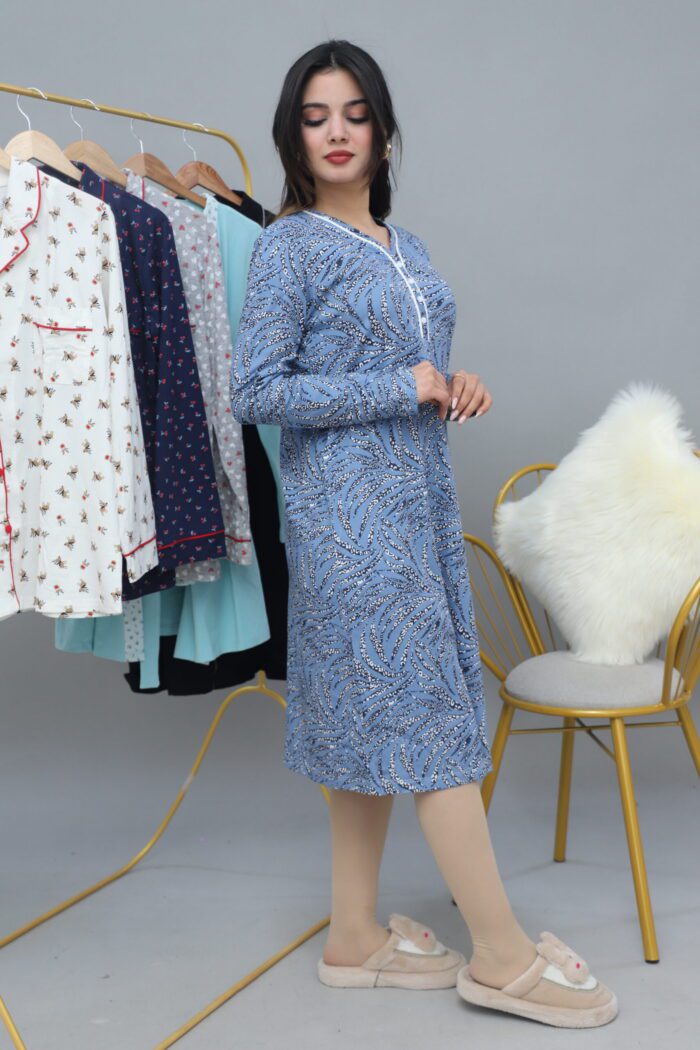 PYJAMA ROBE DE NUIT 4 BOUTONS 100 % COTON BLEU IMPRIME – Image 3