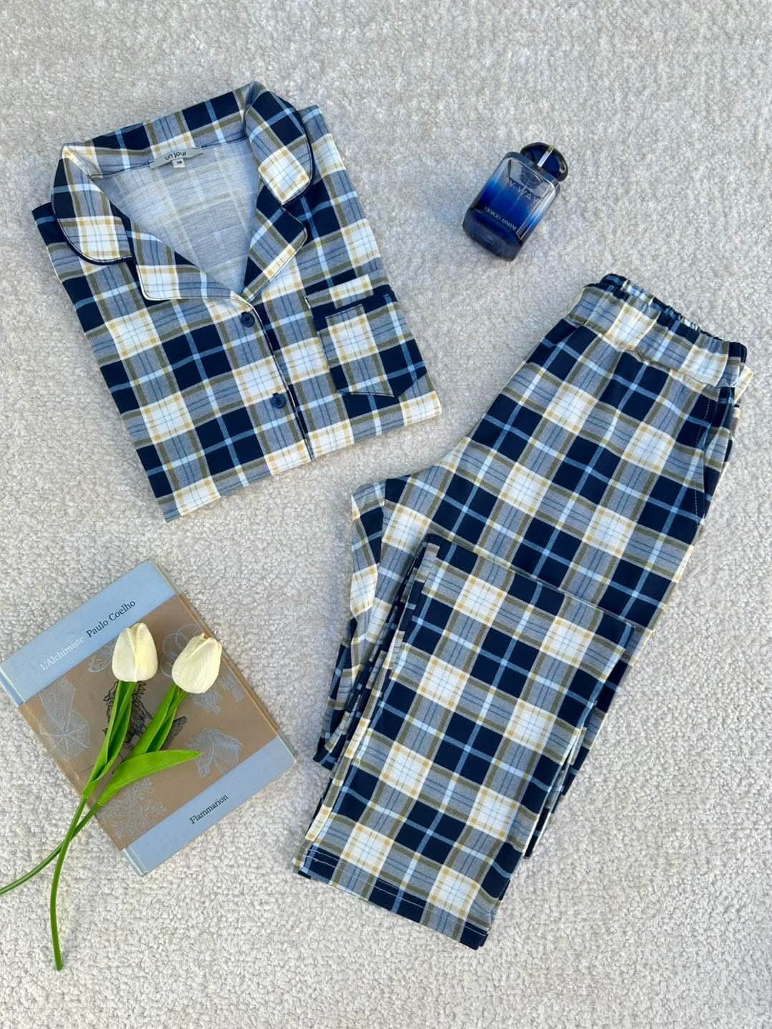 PYJ-FEMME.jpg Pyjama chemise coton à carreaux pour femme – Image 1