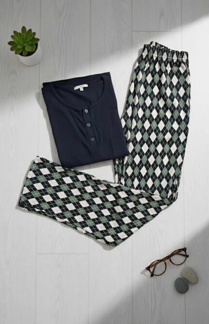 PYJAMA HOMME PULL ML MARINE PANT IMP MOTIF ARGYLE