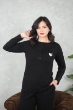 PYJAMA FEMME PULL +PANTALON UNI +RB POLAIRE NOIR – Image 7