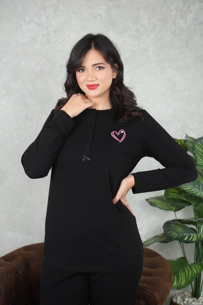 PYJAMA FEMME PULL +PANTALON UNI +RB POLAIRE NOIR – Image 3