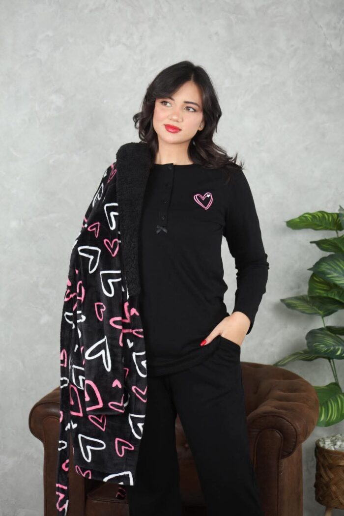 PYJAMA FEMME PULL +PANTALON UNI +RB POLAIRE NOIR – Image 4