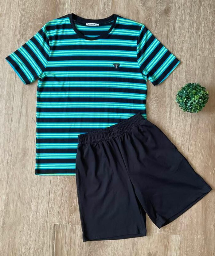 Pyjama rayé turquoise & short noir – Image 2