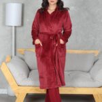 PYJAMA FEMME 3 P CHEMISE +PANTALON UNI +RB POLAIRE BORDEAU