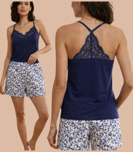 Pyjama femme bleu marine & imprimé feuillage