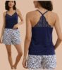 Pyjama femme bleu marine & imprimé feuillage