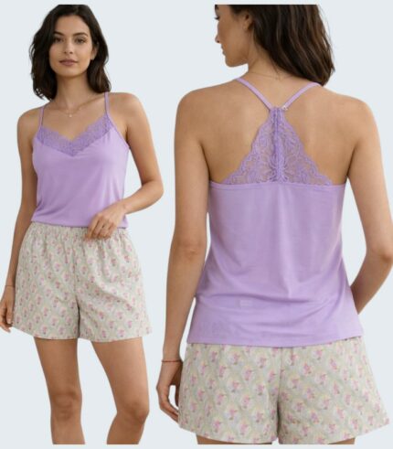 Pyjama femme violet dentelle & short feuillage pastel