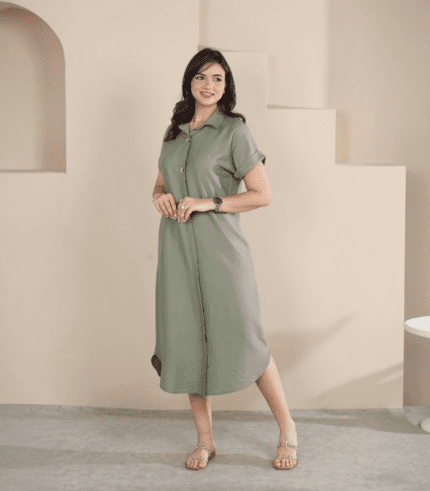 Robe chemise midi vert olive clair femme