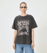 T-shirt beige femme imprimé rock USA TOUR FREEDOM ROCK WILD & FREE T-shirt beige manches courtes avec motif guitare et roses vintage Haut femme coton beige style rock chic avec imprimé guitare et roses
