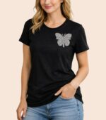 T‑shirt noir femme avec papillon en strass – coupe classique chic