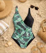 Maillot femme 1 piece croisé NOIR VERT T 40 – Image 2