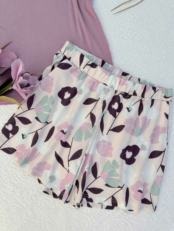 Pyjama femme – Caraco dentelle & short fleuri ROSE POUDRE – Image 2