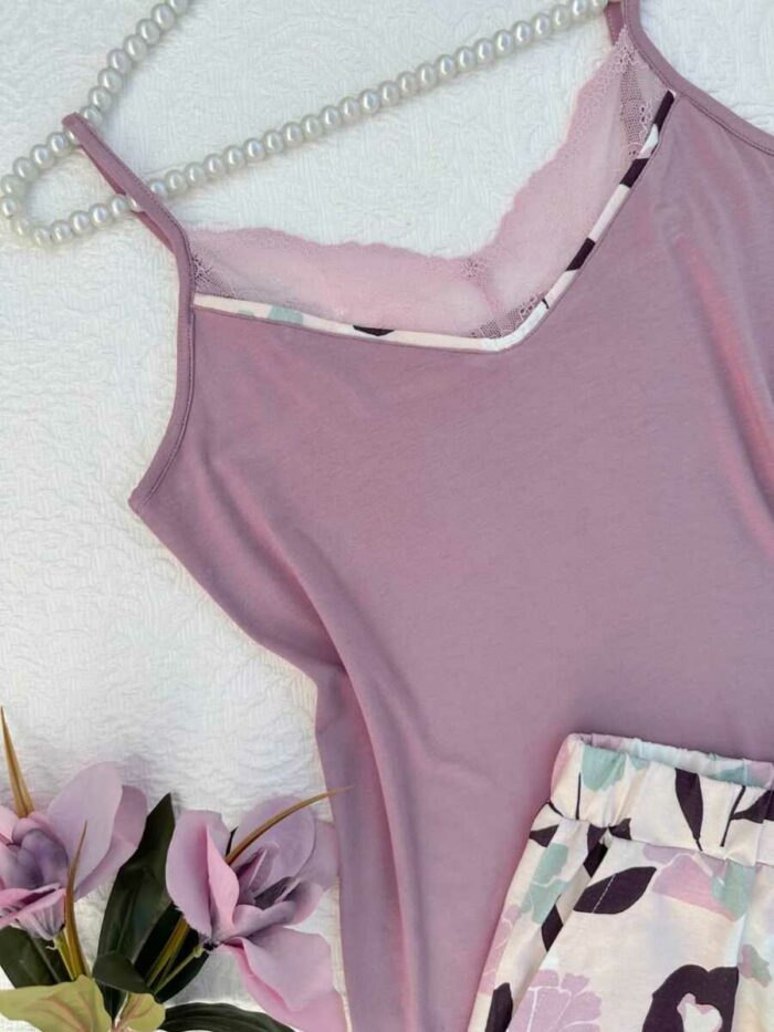 Pyjama femme – Caraco dentelle & short fleuri ROSE POUDRE – Image 3