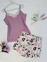 Pyjama femme – Caraco dentelle & short fleuri ROSE POUDRE