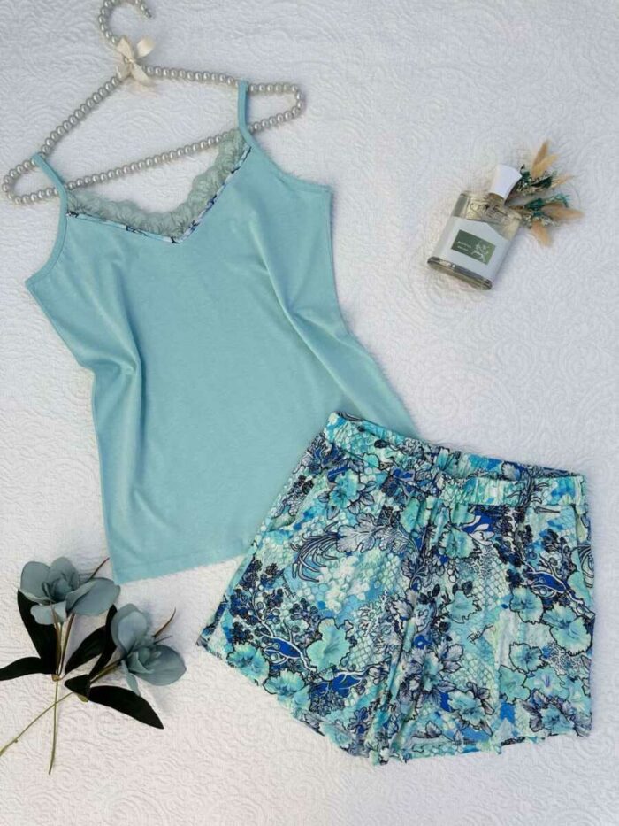 Ensemble pyjama femme – Caraco dentelle & short fleuri – Image 2