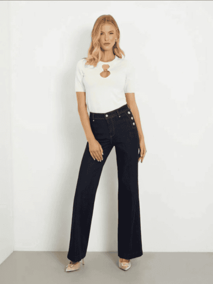 Pantalon denim taille haute wide leg à boutons dorés