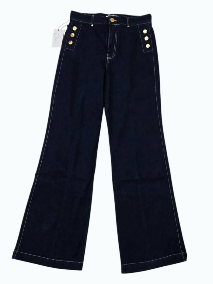 Pantalon denim taille haute wide leg à boutons dorés – Image 2